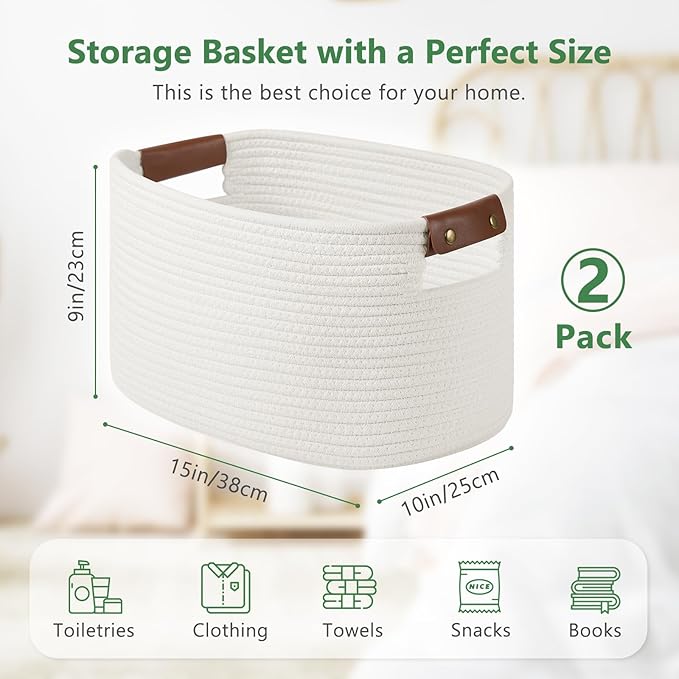 ECDYQXVU Cotton Rope Basket, Storage Baskets with Handle, 15x10x9 Inch Woven Basket for Shelves, Laundry, Towels, Clothes, Books (White 2Pack)