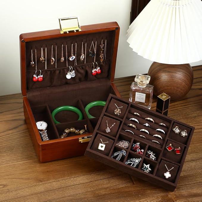 Solid Walnut Wood Jewelry Box with Lock, 2 Layer Velvet Jewelry Organizer Storage Lined for Earrings Rings Necklaces Bracelets Cufflink Gift Idea for Men Women, Vintage Brown