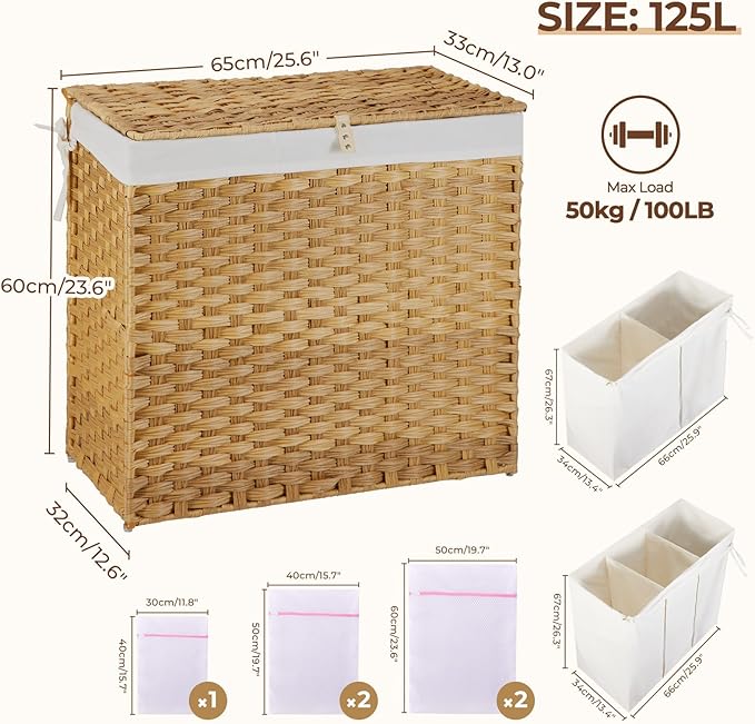 Greenstell Laundry Hamper with Lid, 125L Wicker Laundry Baskets with 2 Removable Liner Bags & 5 Mesh Laundry Bags, Handwoven Rattan Clothes Hamper with Handles for Clothes in Bathroom, Bedroom