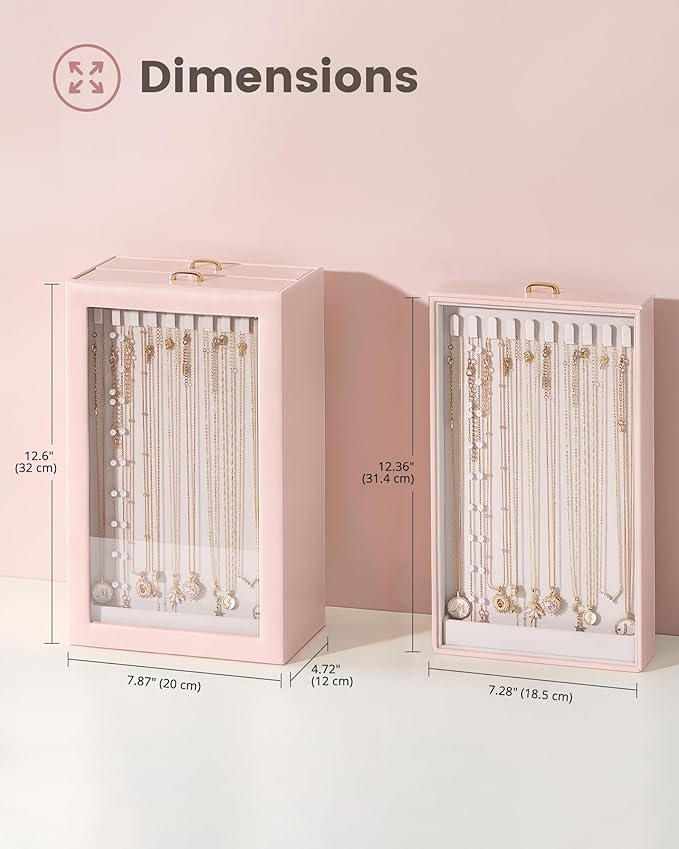 Lolalet Upgraded Double-Sided Hanging Necklace Organizer Box, Jewelry Display Case with Double-Sided Clear Window for Necklaces Bracelets, Tangle-Free Necklace Storage Box, Mothers Day Gift