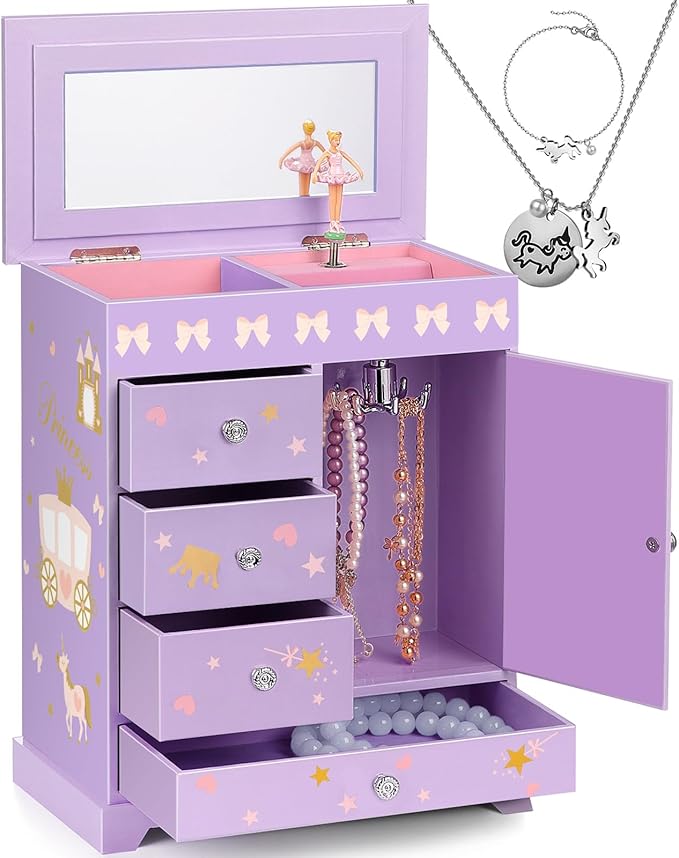 Large Jewelry Box for Girls 5-Layer Music Box with Swing Door Spinning Ballerina Unicorn Necklace & Bracelet Set Children Jewelry Organizer for Girls Kids Birthday Christmas Gift Purple