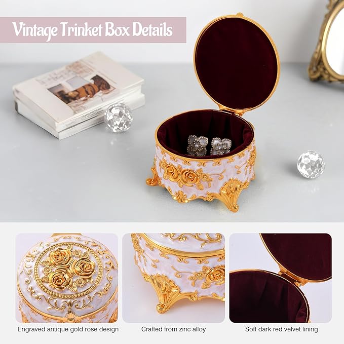 Vintage Jewelry Box, Gold Round Treasure Ring Box, Metal Trinket Organizer Keepsake Box Gift for Girl Women, Beige