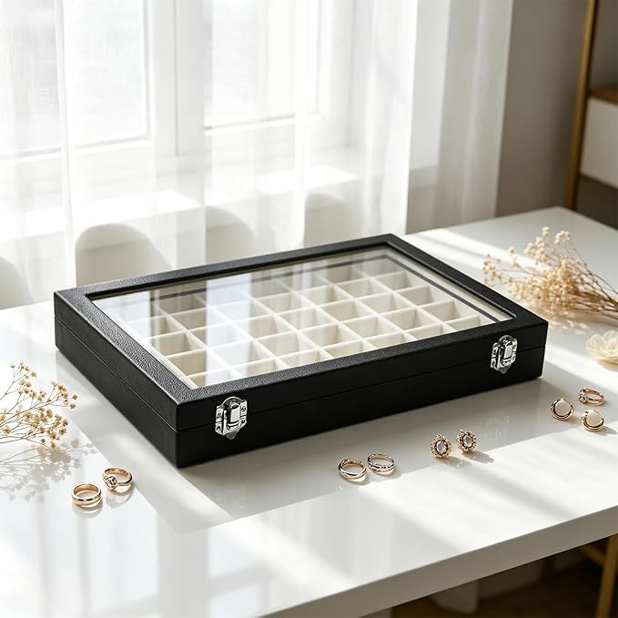Stratalife Jewelry Organizer 48 Grid Jewelry Tray with Clear Lid Dust-proof Velvet Earring Organizer Necklace Rings Holder Display Drawer Storage Case for Women Beige Black