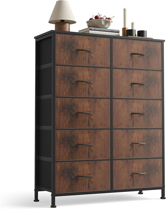 Sweetcrispy 10 Drawer Fabric Dresser Storage Tower with Bins, Tall Chest Organizer for Bedroom Closet Hallway, Steel Frame Wood Top Easy Pull Handles,Black-Brown