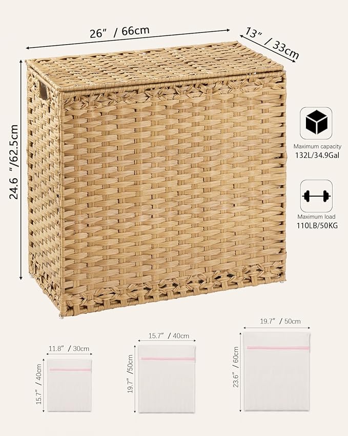 SETVSON Laundry Hamper with Lid Laundry Basket 132 L (35 Gal) Wicker Clothes Hamper, Handwoven Rattan Hamper with Handles and 4 Removable Liner Bags, 6 Mesh Bags for Laundry Bedroom Natural