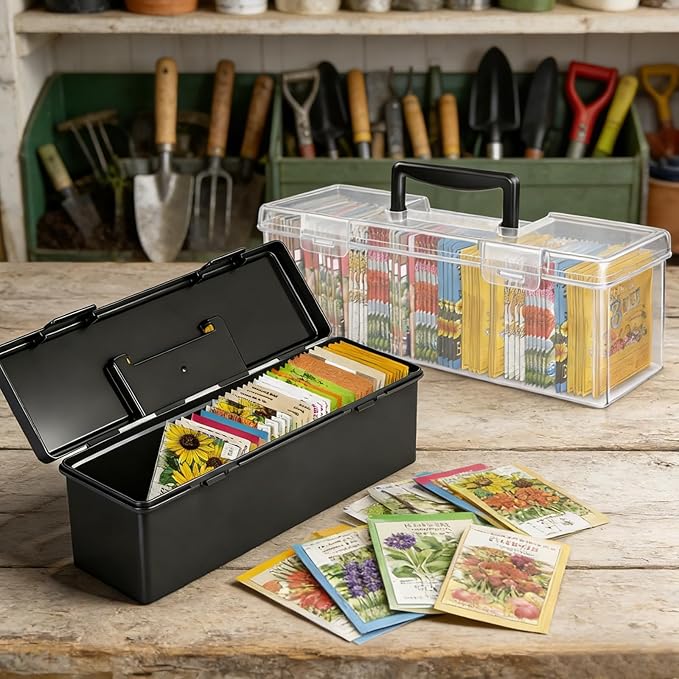 tutata Seed Packet Organizer Box Plastic Portable Seed Packet Storage Box, Seed Storage Organizer - Black