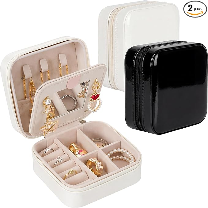 Nosiny 2 Pack Travel Jewelry Case with Mirror Small Laser Jewelry Box Organizer Gifts for Mother's Day Women Rings Earrings(White and Black)