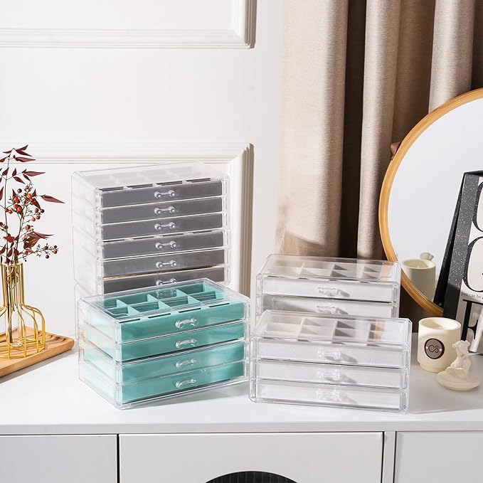 Lolalet Earring Holder Organizer Box Jewelry Storage with 10 Drawers, Clear Acrylic Stackable Earring Case with Adjustable Velvet Trays for Women on Dresser Vanity - Warmwhite,10 Layers