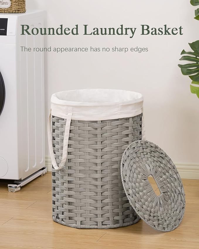 SETVSON Laundry Hamper with Lid Laundry Basket with Lid 19.0 Gal (72 L) Round Laundry Basket Handwoven Rattan Basket with Lid Removable Bag 2 Mesh Bags Handles for Living Room Bathroom Gray