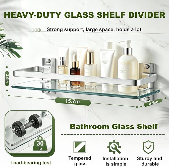 AIJALY 2 Pack Bathroom Glass Shelf,15.7 Inches Silver Bathroom Shower Glass Shelf Wall-Mounted, Metal Storage Floating Kitchen Shelf