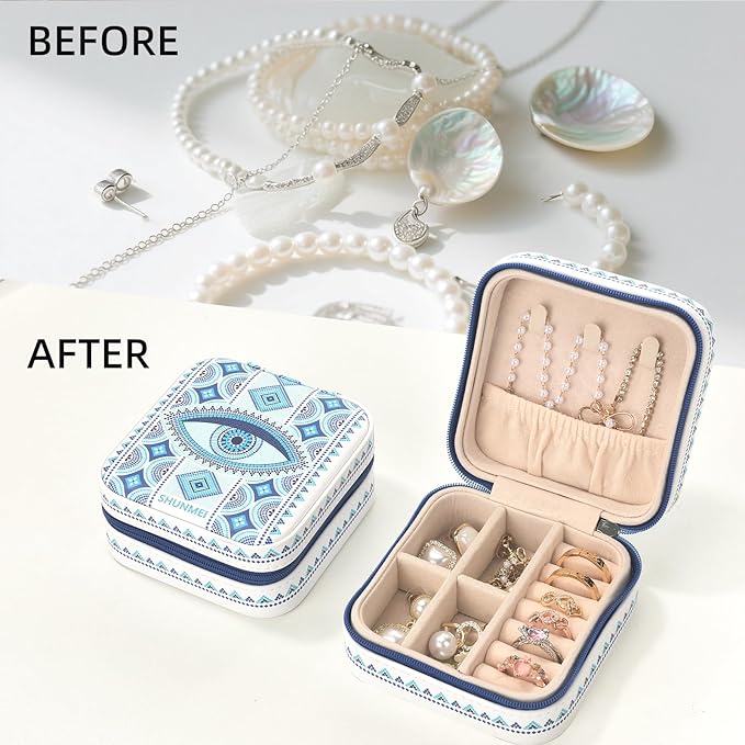 shunmei Mini Travel Jewelry Box,PU Leather Portable Jewelry Organizer Case,Art Accessories Storage Holder Boxes for Earring, Necklace, Rings, Bracelets (White Eyes)