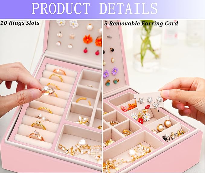 Earrings Jewelry Box for Girls, Large Capacity Jewelry Organizer with 40-Pair Earring Board, 2-Layer Leather Jewelry Storage Box for Necklaces Rings Bracelets with Removable Tray(Gift Idea),Pink