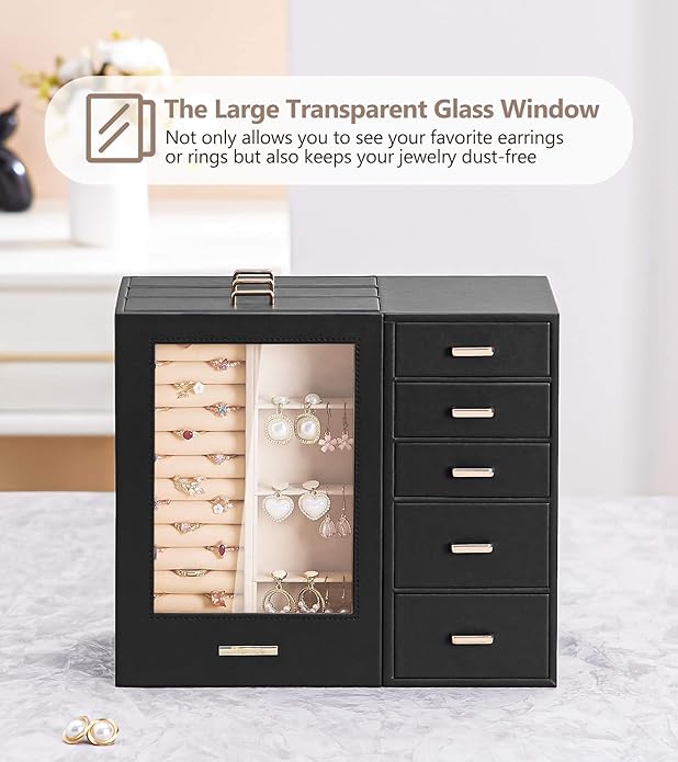 Homde Large Jewelry Box/Organizer/Case with Glass Window, Drawers for Necklaces Earrings Rings Bracelets Watches Gift for Women Girls