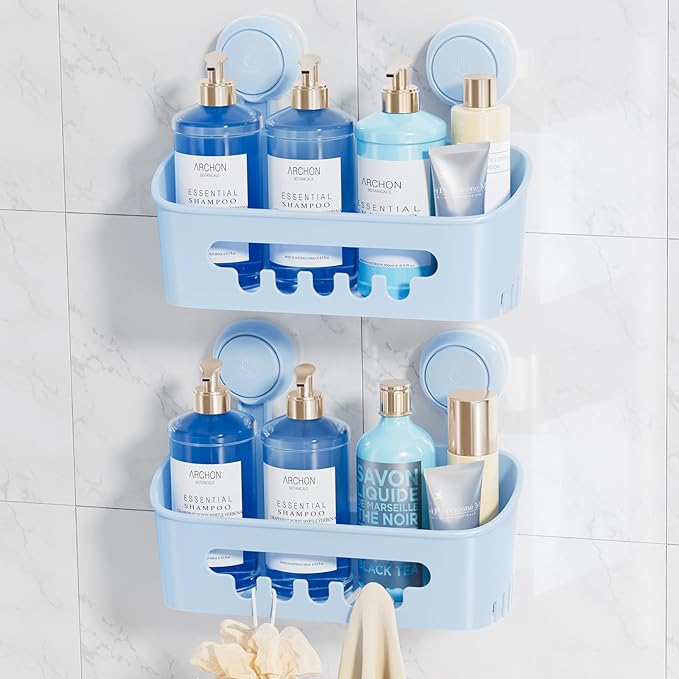 LEVERLOC Shower Caddy Suction Cup 2 Pack, Shower Organizer Removable Bathroom Shelf, Storage for Inside Shower Powerful Suction Max Hold 22lbs Waterproof Holder, Blue