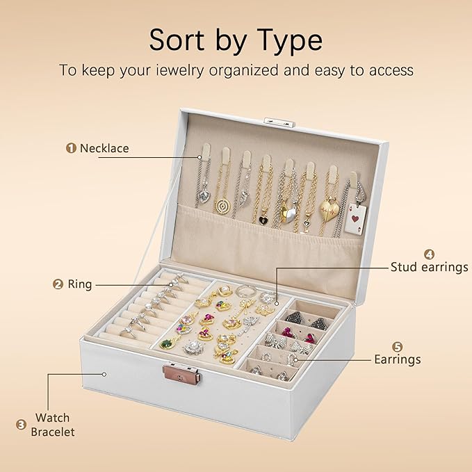 Homeanda Jewelry box 2 layer Jewelry box Leather Jewelry boxes for Women Girls Teens Jewelry organizer box Jewelry Storage box with lock(White)
