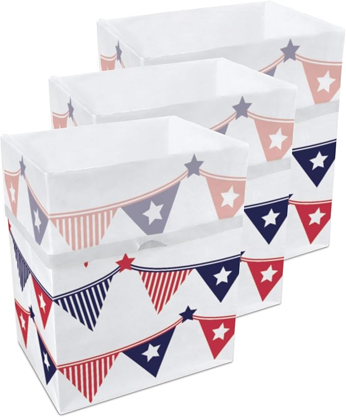 Clean Cubes 13 Gallon Disposable Pop-Up Trash Cans (3-Pack) with Fitted Bags – Foldable Garbage & Recycling Bins for Parties, Events & Kitchen (USA Flag, 17" H x 13.5" W x 10" D)