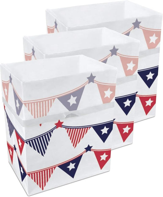Clean Cubes 13 Gallon Disposable Pop-Up Trash Cans (3-Pack) with Fitted Bags – Foldable Garbage & Recycling Bins for Parties, Events & Kitchen (USA Flag, 17" H x 13.5" W x 10" D)
