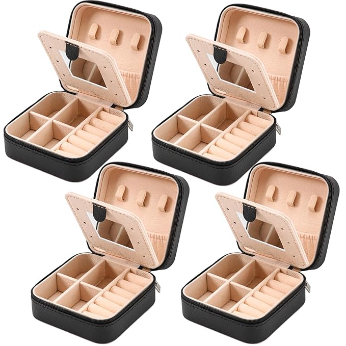 Neveika Jewelry Box with Mirror,Small Jewelry Organizer Box，Travel Jewelry Case for Women，Gift Jewelry Boxes for Female Girls (4pcs mirror black)