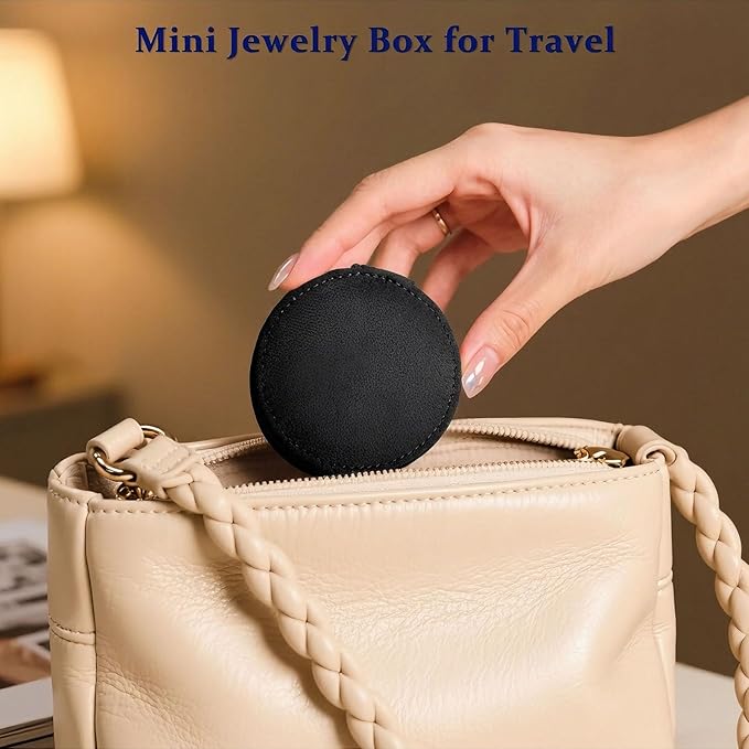 CONBOLA Travel Jewelry Case Small Jewelry Box for Women Girls,Round Velvet Mini Jewelry Travel Organizer,Portable Jewelry Box for Rings Earrings Necklaces Bracelets.(Black,Small)
