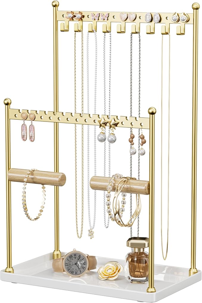 3 Tier Gold Jewelry Stand, Necklace Organizer, Earring Holder with 44 Holes and 9 Hooks, for Necklaces, Bracelets, Rings