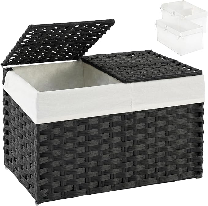 SETVSON Storage Basket with Lid Rattan Woven Storage Baskets with 2 Separate Lids, 17.2 Gallon (65 L), Wicker Storage Bins Foldable, 2 Removable Liner Bags Handles for Bedroom, Laundry Room Black