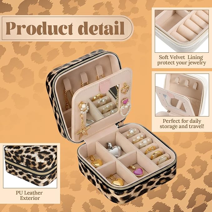 Nosiny 2 Pack Travel Jewelry Case with Mirror Small Laser Jewelry Box Organizer Gifts for Mother's Day Women Rings Earrings(Leopard Print)