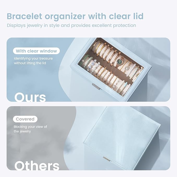 Lolalet Bracelet Display Holder with Rods for Bangles Watches, Clear Lid Jewelry Organizer Box Storage Case for Mothers Day Gifts -Blue, 2 Rolls