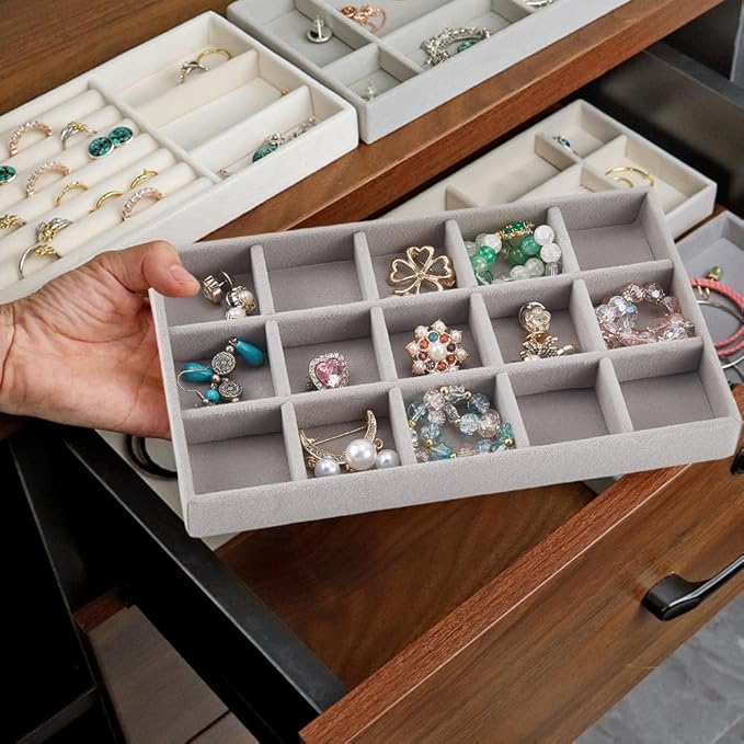 2Pcs 5 x 8.3 Inch Jewelry Drawer Inserts Velvet Jewelry Tray Gray 15 Grids Dresser Earring Drawer with Removable Divider Necklace Organizer Storage Container for Bracelet Ring Watch Display