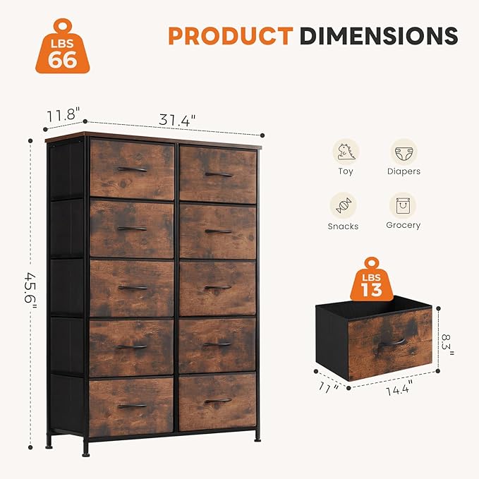 Sweetcrispy 10 Drawer Dresser, Tall Fabric Dresser for Bedroom, Storage Tower with Bins Chest Organizer Unit for Closet, Hallway, Steel Frame Wood Top, Easy Pull Handle, Rustic Brown