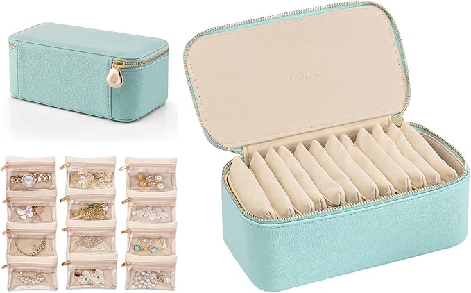 VLANDO Travel Jewelry Box Organizer – Portable PU Leather Jewelry Case with 6/8/12 Zippered Pouches, Compact Storage for Earrings Rings Necklaces Bracelets, Aqua Blue