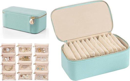 VLANDO Travel Jewelry Box Organizer – Portable PU Leather Jewelry Case with 6/8/12 Zippered Pouches, Compact Storage for Earrings Rings Necklaces Bracelets, Aqua Blue