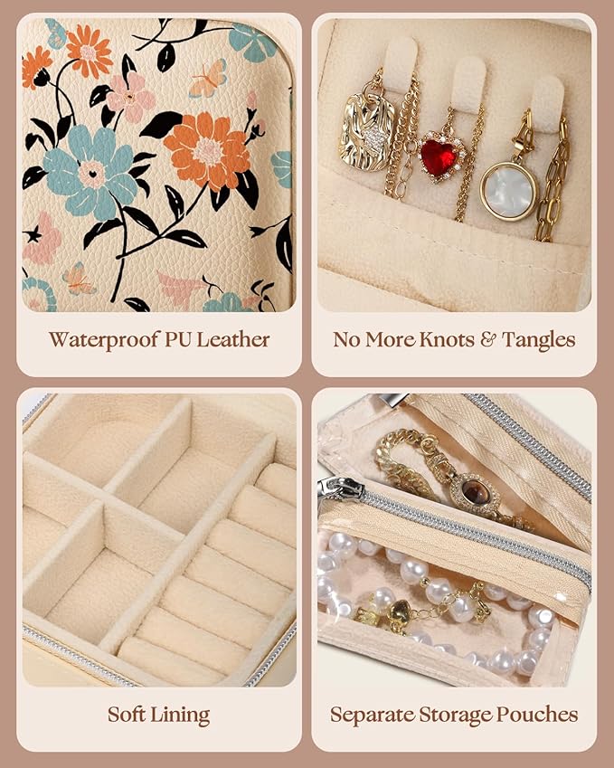 Bistup Travel Jewelry Case - Small Jewelry Organizers and Storage Box for Women Girls Teens Cute Traveling Jewelry Holder with Mirror Little Tiny Compact Blue Floral Modern Unique Aesthetic Pretty