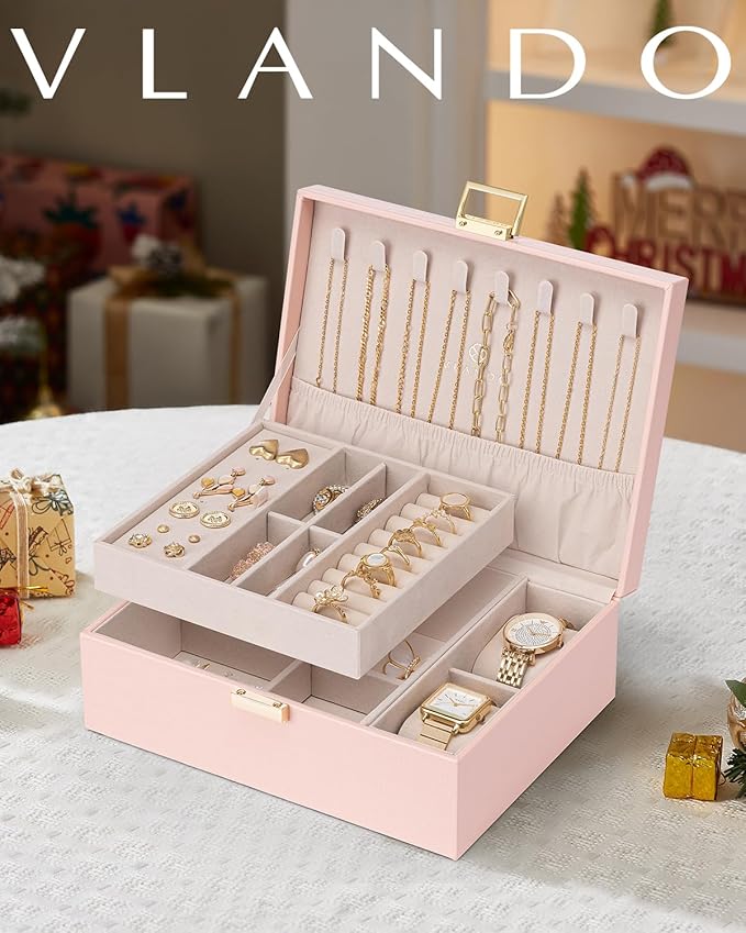 VLANDO 2 Layer Jewelry Box Large Jewelry Organizer for Mothers Day Mom Gifts Jewelery Tray with Watch Pillow for Necklace Earrings Rings Bracelets Jewelry Boxes for Holidays Gifts (Pink)