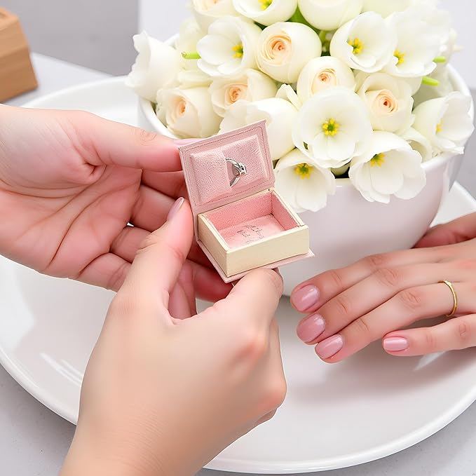 Book Shaped Ring Box - Vintage Engagement Ring Box with Hinged Lid for Proposal Engagement Wedding, Proposal Ring Case -PRB012-Pink