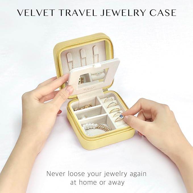 BLUTETE Travel Jewelry Box Organizer Velvet Travel Case With Mirror Ring Earrings Necklaces Storage Organizer Box (Lemon Yellow)