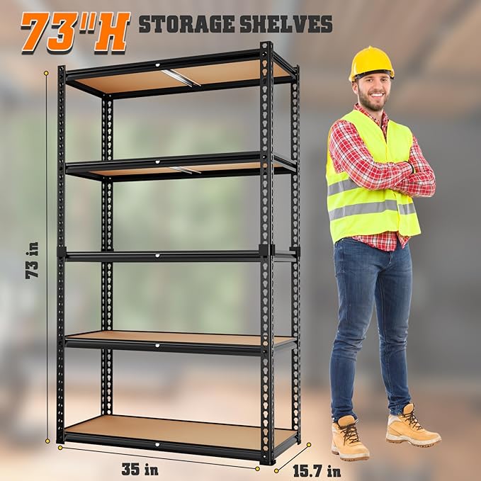 LEVELEVE 5-Tier Storage Shelving Unit, Metal, for Kitchen, Garage, Laundry Room, Adjustable, 35" L x 16" W x 73" H, Rectangular