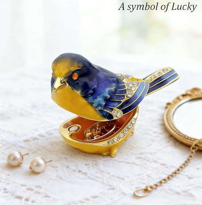 Starling Bird Trinket Boxes Hinged with Crystals Enameled Jewelry Box.Bird Lover Gifts for Women.Necklace Ring Box Earrings Storage.Collectible Bird Figurines Home Decor -Blue Yellow.