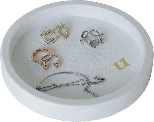COLLECTIVE HOME - Velvet Jewelry Tray, 6" Monogrammed Jewelry Dish, Smooth Velour Display Dish for Rings, Earrings, Necklaces, Makeup, Personalized Gifts for Women (White-u)