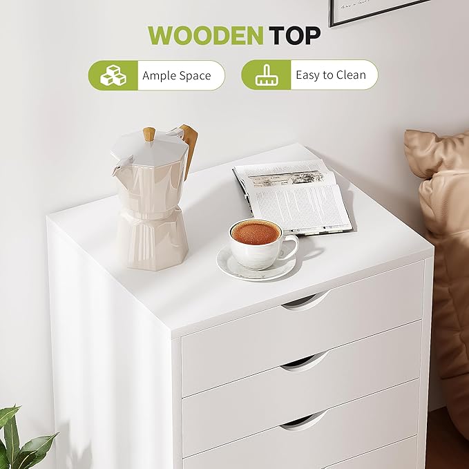 7 Drawer Mobile File Cabinet Under Desk Storage Organization with Wheels Vertical Filing Chest Rolling Wood Small Desk Printer Stand for Home Office, White