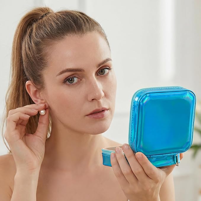 Nosiny 2 Pack Travel Jewelry Case with Mirror Small Laser Jewelry Box Organizer Gifts for Mother's Day Women Rings Earrings(Rose Red and Dark Blue)