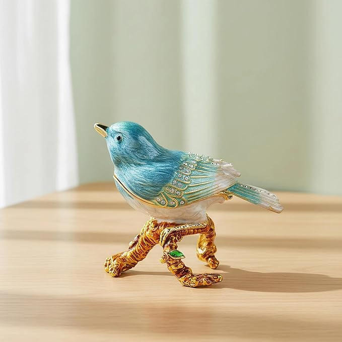 YU FENG Enamel Bird Trinket Box Jewelry Organizer, Hand Painted Decorative Hinged Keepsake Box – Blue Green Perched Bird