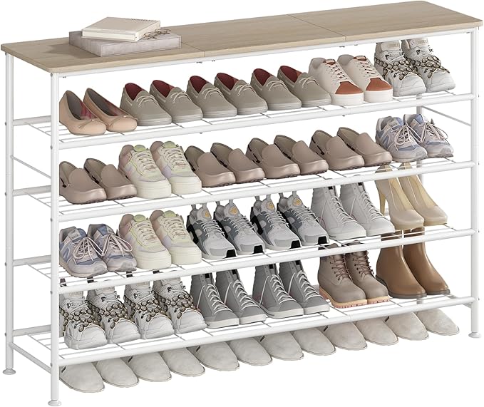 SUOERNUO Shoe Rack Organizer 5 Tier for Closet Entryway Free Standing Metal Storage Shoe Shelf with MDF Top Board (White+Oak, Large 5 Tier)