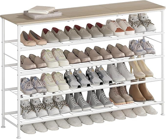 SUOERNUO Shoe Rack Organizer 5 Tier for Closet Entryway Free Standing Metal Storage Shoe Shelf with MDF Top Board (White+Oak, Large 5 Tier)