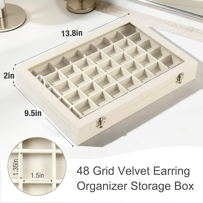 Velvet Jewelry Organizer Storage Tray, 48 Grid Adjustable Earring Holder Organizer with Clear Lid, Jewelry Display Box for Earrings, Rings, Necklaces and Studs, Gift for Women and Girls