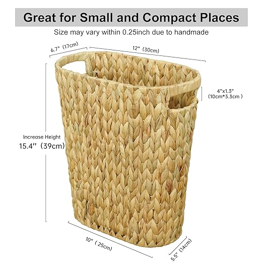 Coeusy Wicker Trash Can,Bathroom Trash Can,Water Hyacinth Wicker Waste Basket for Bathroom,Handwoven Narrow Small Waste Basket for Bedroom,Office,5 Gallon