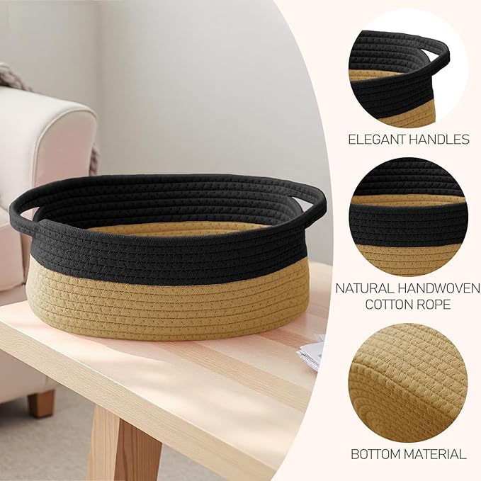 JMvicyroam Woven Basket,Small Rope Storage Bin with Handles & Ribbon Bag, Organizer for Shelves Closets,Gift Basket Empty for Birthday,Books,Dog Toys, Black&Jute/3 Pack