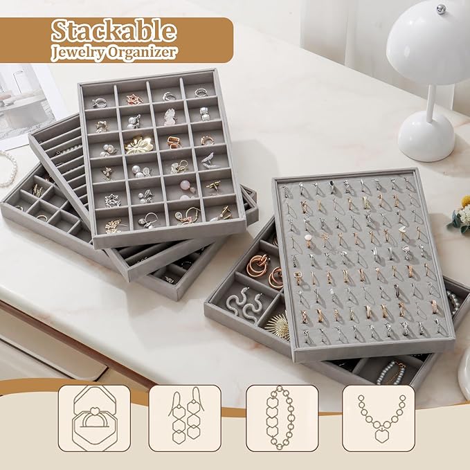 Large Velvet Jewelry Tray 2 Pack Stackable Jewelry Display Drawer Inserts Trays Organizer for Earring Bracelet Necklace Ring (Gray, 12 Grids)