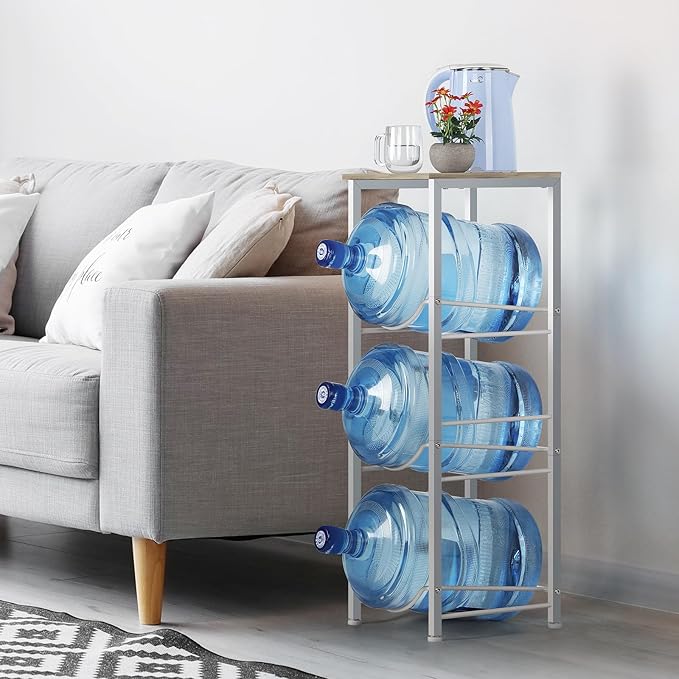 5 Gallon Water Bottle Holder Storage Rack, Water Cooler Jug Holder with Storage Shelves, 3-Tier Water Dispenser Stand for Kitchen Living Room Office, Rustic Grey