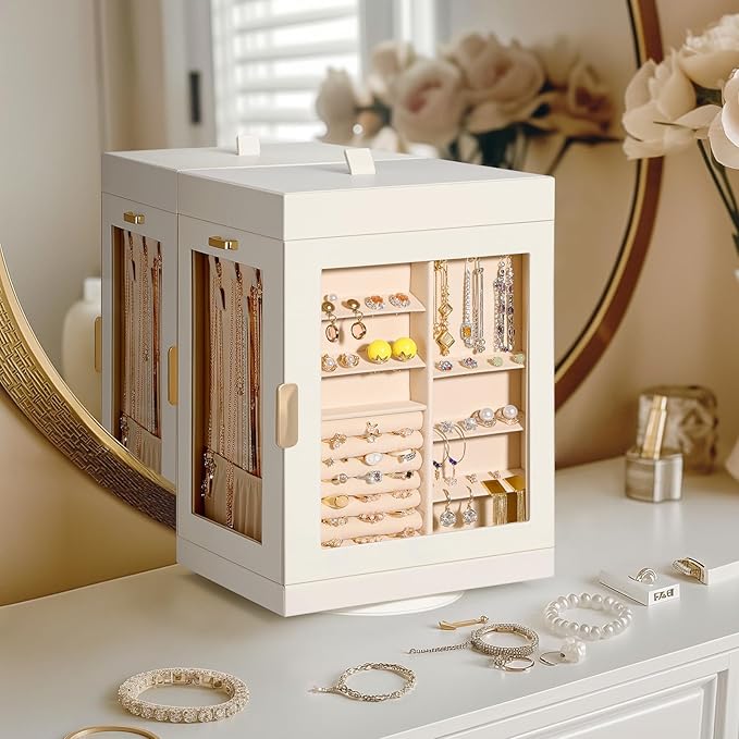 TidyStash 360° Rotating Jewelry Organizers and Storage, Large Jewelry Boxes for Women Necklace, Ring Earring Storage, Vertical Accessory Organizers and Storage, Cream White