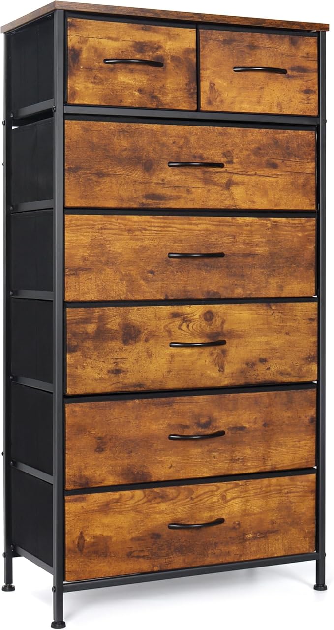 Mifuro Tall Dresser for Bedroom, Vertical Storage Organizer Tower with 7 Drawers, Chest of Drawers with Fabric Bins, Steel Frame, Wood Top for Bedroom, Closet, Entryway- Rustic Brown